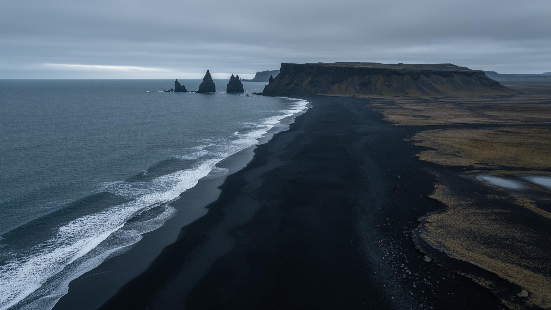 Dramatic Icelandic coastline with black beach